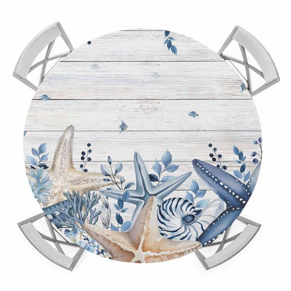 Elastic Fitted Round Tablecloth, Blue Starfish Coastal Waterproof Stretch Table Cover for 36"-44" Tables, Eucalyptus Summer Nautical Shell Wooden Washable Outdoor Tablecloths for Patio, Picnic
