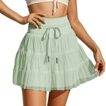 MIXUE Skirts For Women Summer Mesh Solid Color Ruffled Elastic Waist Drawstring Mini Tennis Skirt Beachwear,Green,L