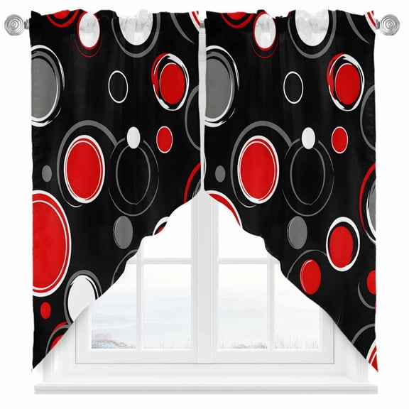 Abstract Red Swag Curtain Valance for Windows, Black Grey Circle Modern Geometric Art Window Treatments Short Swag Topper for Kitchen Windows Bathroom Bedroom, 36"x45"