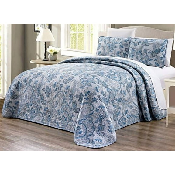 3-Piece Oversize (115" X 95") Fine Printed Prewashed All-Season Quilt Set Reversible Bedspread Coverlet King Size Bed Cover (Grey, Black, White, Blue, Paisley)