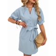 thumbnail image 6 of Women'S Solid Color Casual V-Neck Tie Waist Short Sleeve Dress Midi Summer Shift Dress Blue L, 6 of 9
