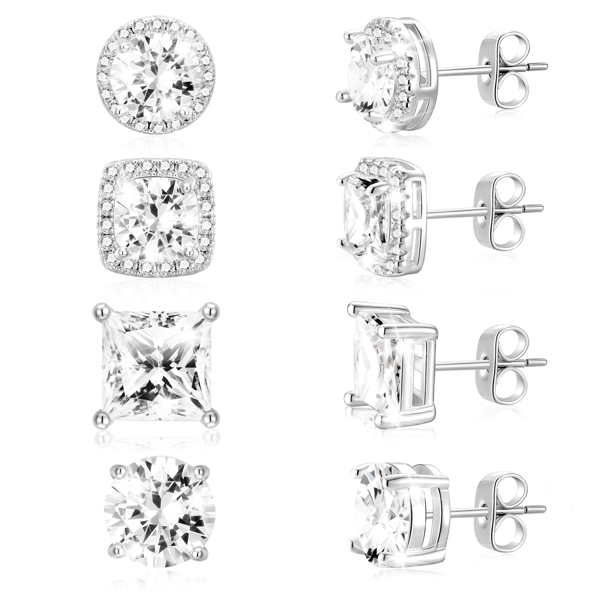 APSVO 4 Pairs 18K White Gold Plated Halo Stud Earrings for Women Men CZ Hypoallergenic S925 Sterling Silver Post Earrings Set Birthday Graduation Mothers Day Jewelry Gifts Mom Her Him Teen Wife Adult