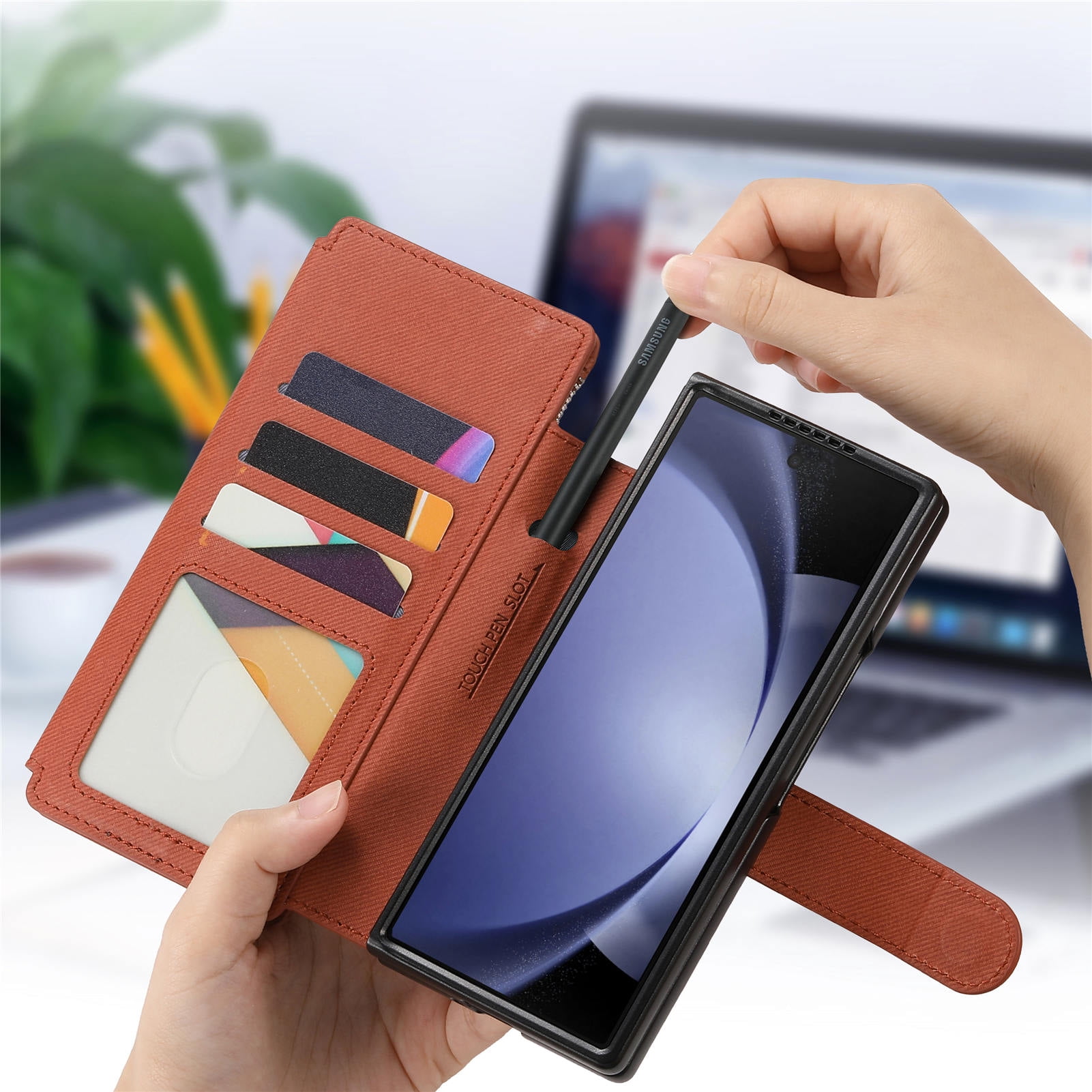 For Samsung Galaxy Z Fold 6 Phone Case,2-in-1 Magnetic Detachable Flip,Flip Folding Kickstand,With Card Slots,Zipper Pocket,Ring Holder,Fit Wireless charging,Shockproof Phone Case,Brown