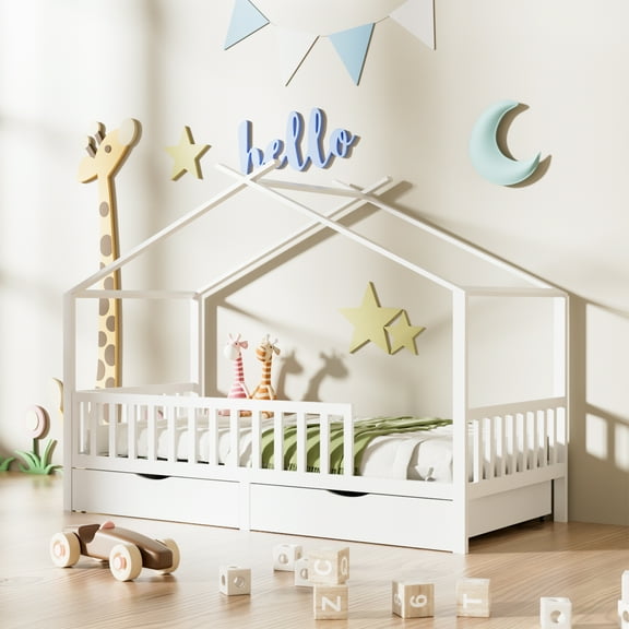 Yoneston Full Size House Bed with Two Storage Drawers, Wood Platform Bed with Roof & Guardrails for Kids Teens Bedroom Playhouse, White