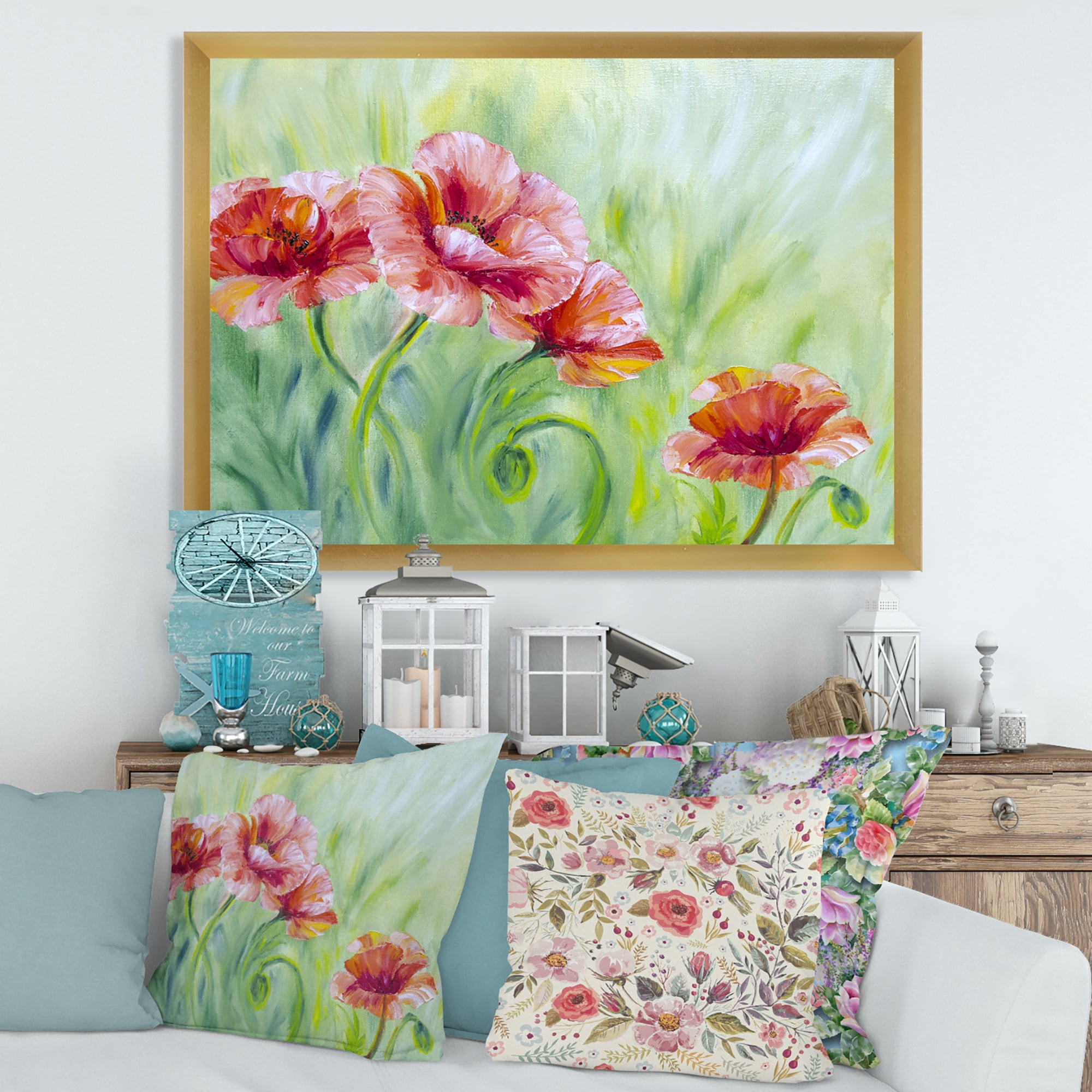 Designart 'Red Blossoming Poppies Over Wild Green II' Traditional Framed Art Print