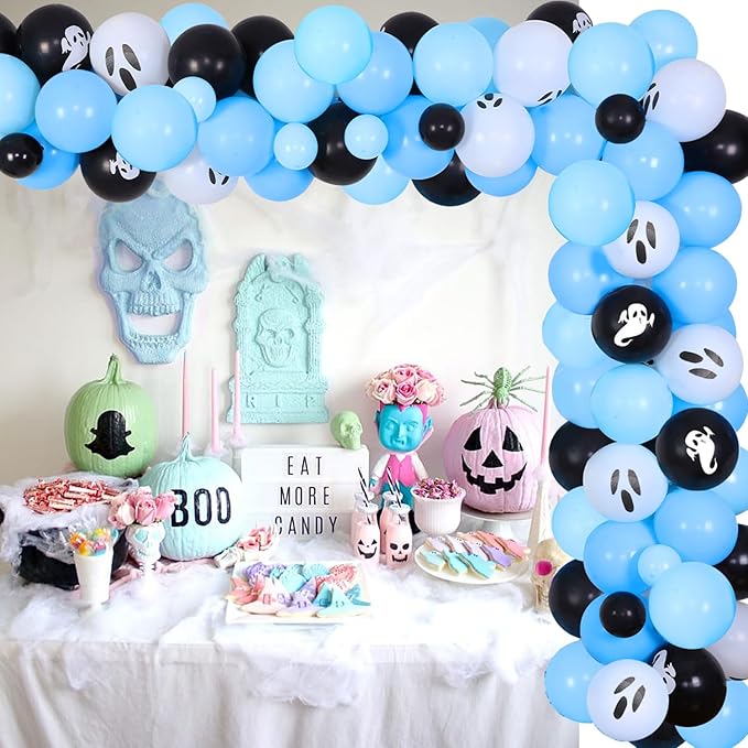 84Pcs a Baby Is Brewing Halloween Baby Shower Decorations Blue Black a Baby Is Brewing Foil Balloons Banner Ghost Balloon Garland Arch Kit for Halloween Themed Baby Shower Party Decor Supplies