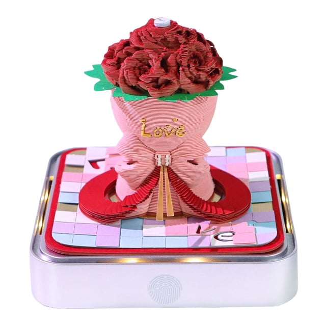 Calendrier 3D 2025 Saint-Valentin Bouquet de Roses Calendrier Pièce Calendrier 2025 Bureau 3D Calendrier Déchirure Bloc-Notes en Papier 3D avec Lumière LED Art Calendrier Sculpture en Papier