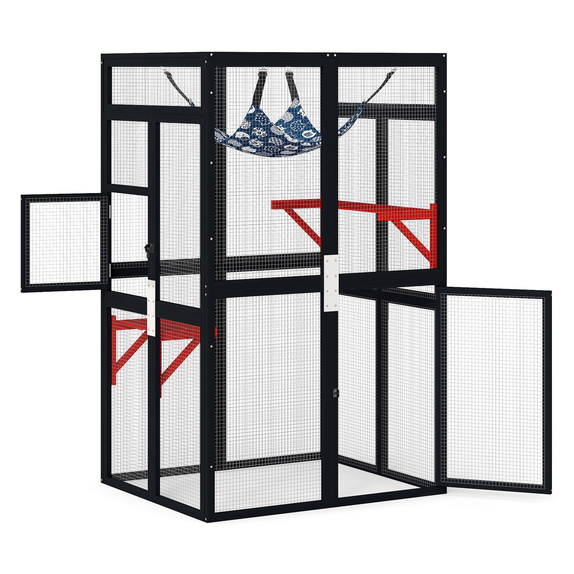 Pefilos 64" Gothic Cat House Outdoor Catio Cat Enclosures Wooden Kitty House with Platforms, Waterproof Roof, Hammock, Black