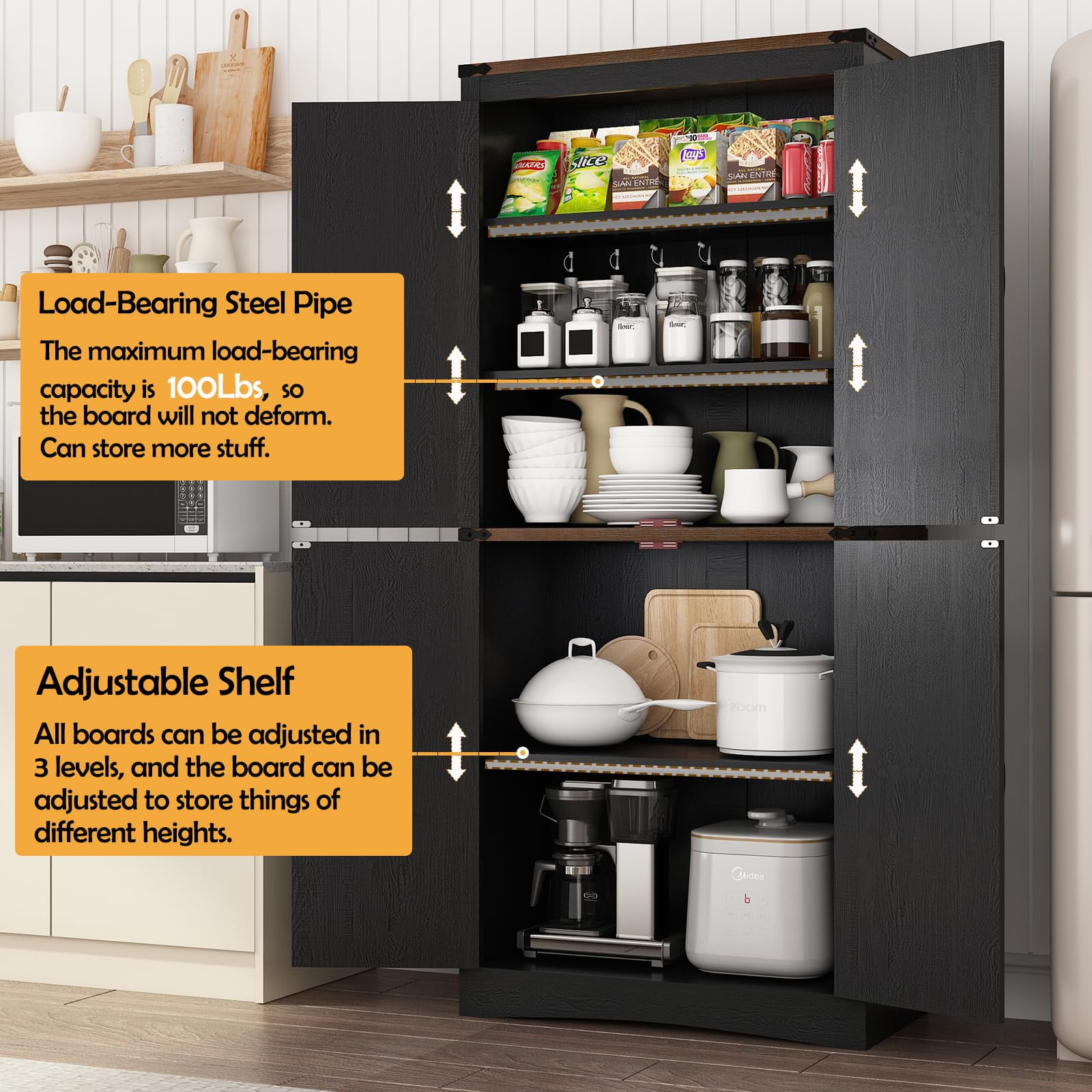 ChVans 71" Tall Farmhouse Kitchen Pantry Storage Cabinet, 5 Layers Freestanding Cupboard with Adjustable Shelves & Load-Bearing Steel Pipe & 4 Barn Doors for Kitchen, Dining Room, Living Room, Black