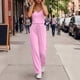 thumbnail image 2 of Pantalones Casuales para Mujeres Verano Cuello en V Color Sólido Bolsillo sin Mangas Pantalones Largos Mono Poliéster Moda Casual, 2 of 7