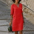 thumbnail image 1 of MPWEGNP Robes Femmes à la Mode et Confortables Col en V Manches Mi-Longues Coton Lin Robe Courte Mini Jupes pour Femmes Rouge, 1 of 4