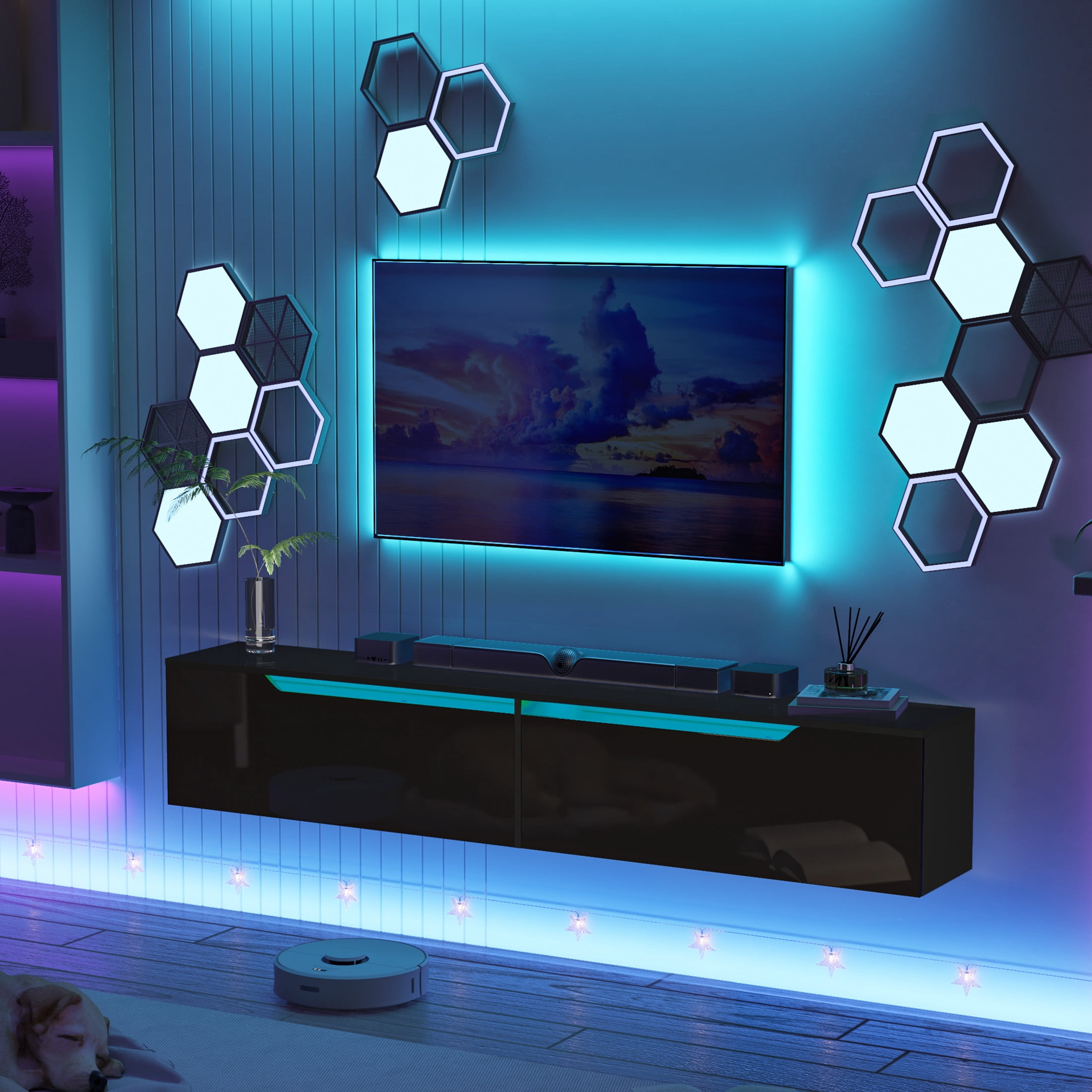 SIKHST LED Floating TV Stand Wall Mounted for 85 inch TV, Media Entertainment Center Console Table with Storage Cabinet for Living Room,Black