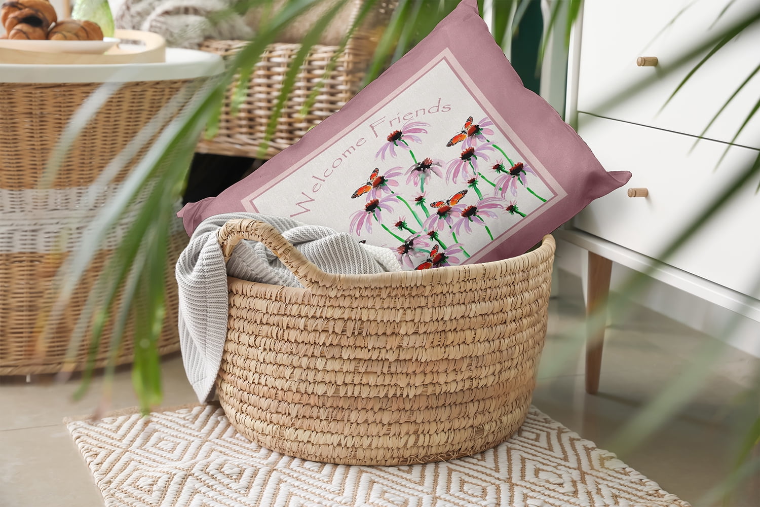 20" x 14" Simply Daisy Welcome Friends Polyester Indoor/Outdoor Pillow, Romantic Purple Qty 1
