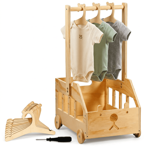Baby Shower Crate Closet with Wheels and 10 Wood Hangers, Mobile Nursery Storage Wardrobe for Newborn Clothes Organizer, Wood Log Color