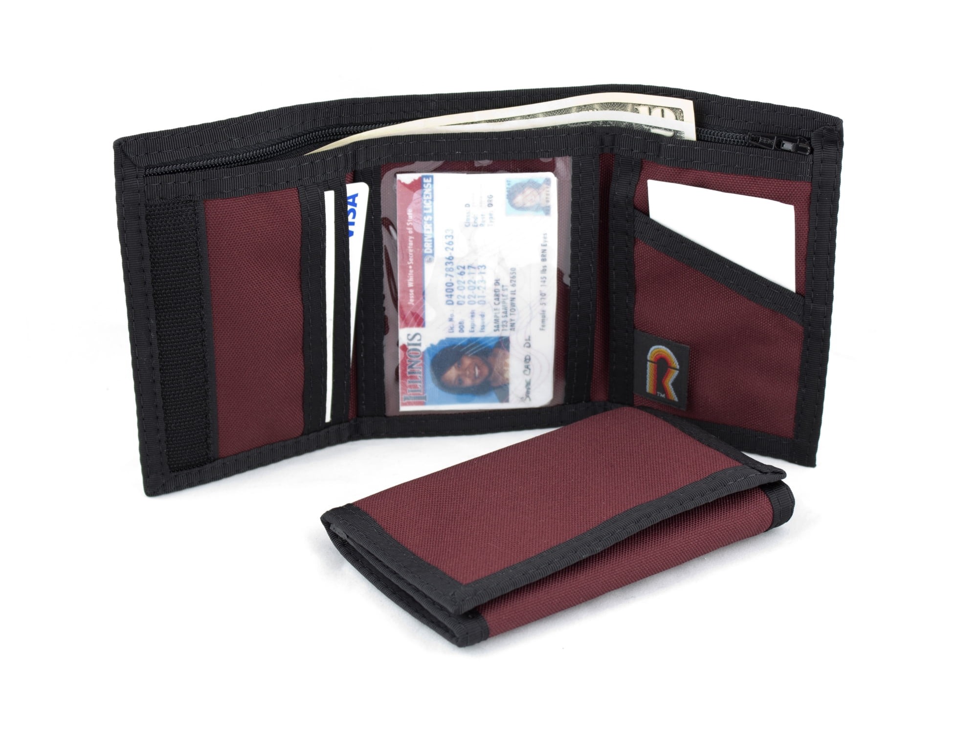 Men's Nylon Trifold Wallet w/INSIDE ID. Hook and Loop Closure. Burgundy ...