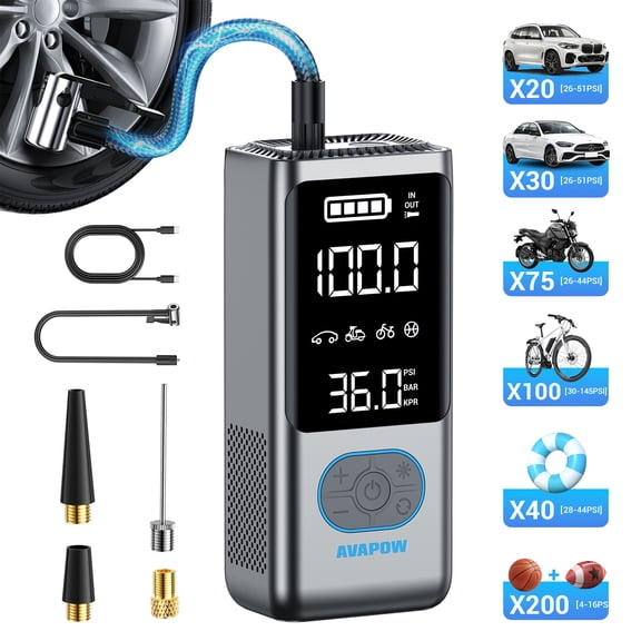 AVAPOW Cordless Tire Inflator Portable Air Compressor, 150 PSI Air Pump for Car Tires, 12000mAh Battery Powered, Auto Shutoff, with Digital Pressure Gauge, Fast Inflation, LED Light