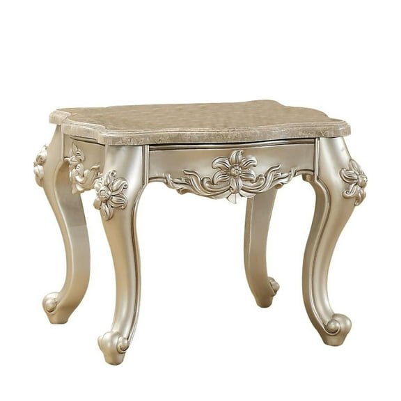 Marble Top End Table With Flower Motif Engraved Angular Wood Feet Silver - Saltoro Sherpi
