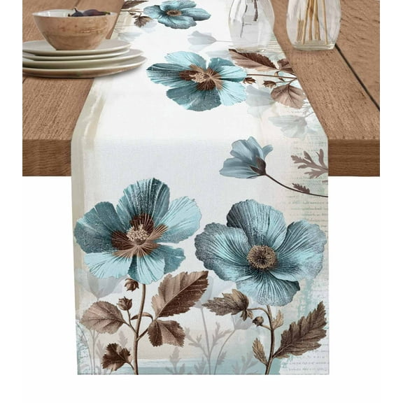 Table Runner Teal Blue Floral Table Decoration for Kitchen Dinning Vintage Flower Leaves Table Decoration for Indoor Outdoor Party Wedding Decor 13x90 Inch