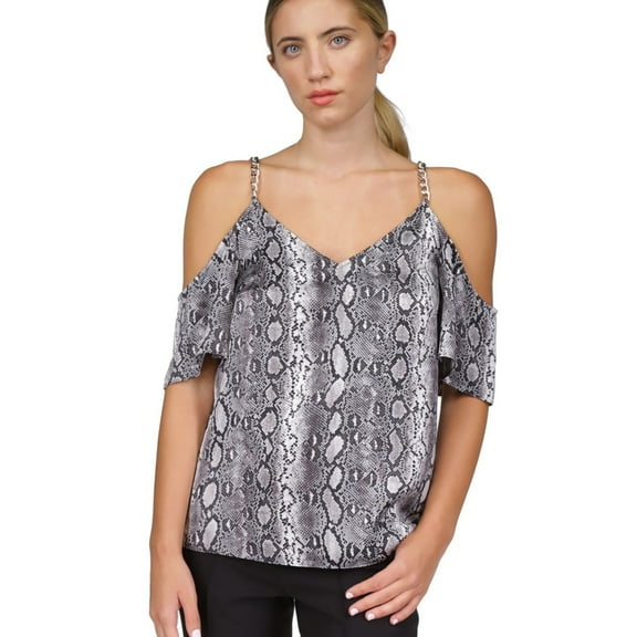 Michael Kors Womens Chain Straps Cold Shoulder Blouse, White, Small