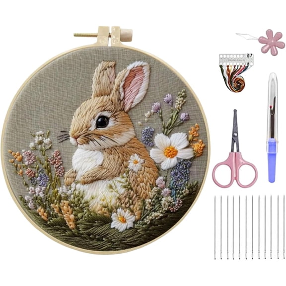  DIY Punch Needle Kits Cute Rabbit in Flowers Easy for Beginners Punch Needle Embroidery Set with Hoop Stamped Pattern for Craft Lovers and Home Decor-10(Q)