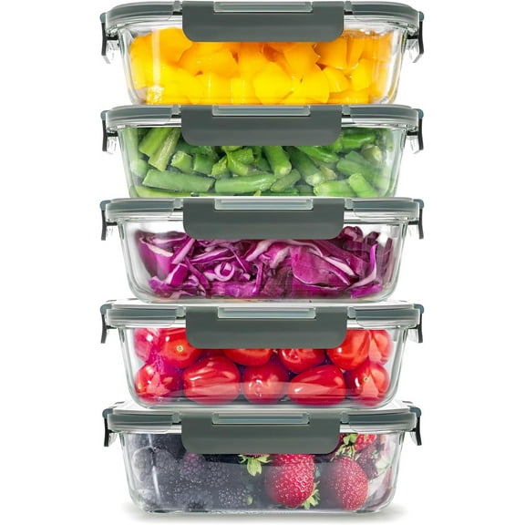 Mojitor 5 Pack Glass Meal Prep Containers with Lids - Airtight, Premium Borosilicate Glass Food Storage Containers - Microwave, Freezer & Oven Safe, BPA Free - Gray