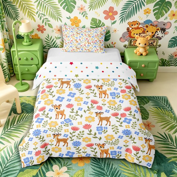 Castle Fairy Cartoon Flowers Deer Twin Duvet Cover,Colorful Floral Animal Twin Bedding,Cream Pink Blue,Reversible,2pcs,No Comforter,1 Duvet Cover and 1 Pillowcase