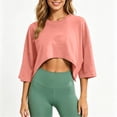 thumbnail image 2 of VBVC Women's Cropped Crew Neck Sweatshirt , Ladies' 3/4 Sleeve Drop Shoulder Top , Casual Athletic Yoga Workout Shirt For Women,Pink,S-2XL, 2 of 9