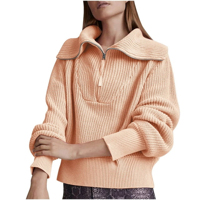 LOVZFMLL Sweaters for Women V-Neck Ribbed Pullover Half-Zip Lapel Casual Polo Loose Long Sleeve Tops Warm Fall Winter Clothes