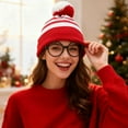 thumbnail image 2 of Red White Beanie Waldo Hat Christmas Pom Pom Striped Knit Hat with Glasses, 2 of 9