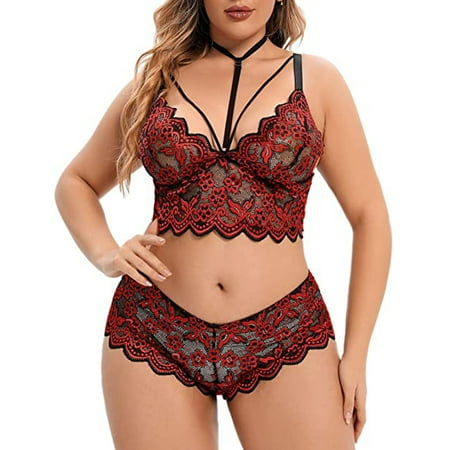 

HGWXX7 Plus Size Lingerie V Neck High Waist Floral Lace Criss Cross Bra And Panty 2 Piece Set No Underwire Lingerie Set