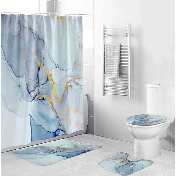 4 Pcs Luxury Marble Shower Curtain Set with Non-Slip Rugs,Toilet Lid Cover and Bath Mat,Gold White Bathroom Decor Set with Shower Curtain and Rugs and Accessories