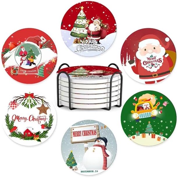Posavasos Navideños, Posavasos de Cerámica Premium, Adornos de Mesa de Navidad Posavasos de Redondos Antideslizante, Resistente al Calor, Lavable, para Redondo Cristal, Bebidas, Tazas-6PCS(Christmas)