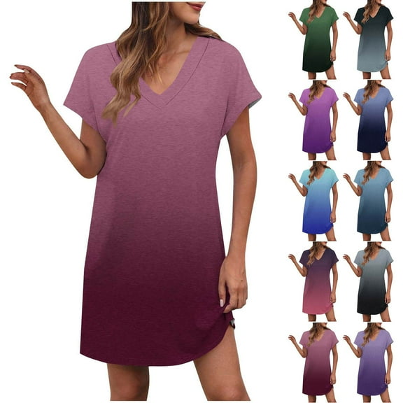 Dresses for Women Plus Size Akafmk Summer Dresses for Women Casual Dresses,Gradient Color Round Neck Short Dress Short Sleeve Mini Dresses Loose T Shirt Dresses