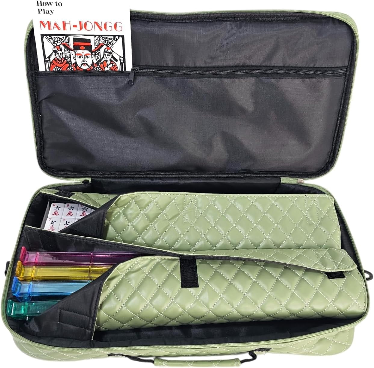 American Mahjong Set “Green - Quilted PU Leather Carrying Bag with Shoulder Strap & Handles, All-in-One Tile Racks with Pushers, 166 Engraved Tiles, Dice, Bettor, Extra Tiles & Instructions