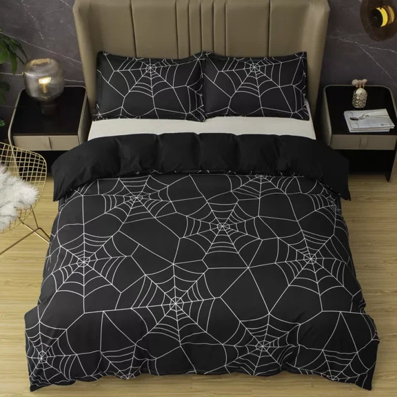 YJHDM Black Halloween Spider Web Pattern Quilt Cover Set Bedding Sets Pillowcases Queen King