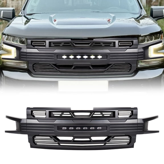 AMERICAN MODIFIED Front Armor Grille W/LED Off-Road Lights Matte Black For 2019-2021 Chevy Silverado 1500 WT Custom