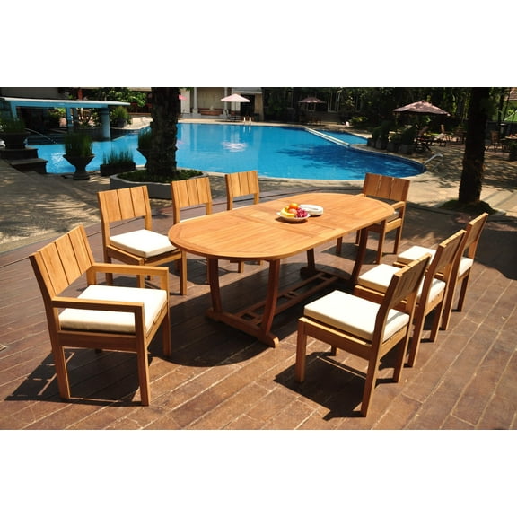 Grade-A Teak Dining Set: 8 Seater 9 Pc: 94" Mas Oval Trestle Leg Table And 8 Veranda Chairs (2 Arm & 6 Armless Chairs) Patio WholesaleTeak #WMVR79