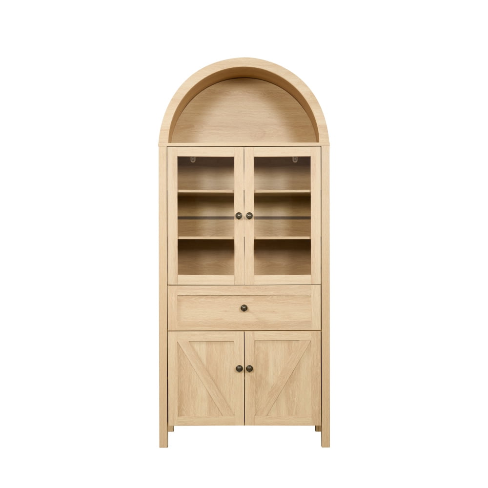 71.6" Tall Arched Pantry Cabinet with Spacious Drawer & Adjustable Shelves, Farmhouse Style Kitchen Storage for Dining Room & Living Space, Natural Finish, Anti-Tip Design