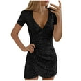 thumbnail image 2 of Gspmoly Robes pour Femmes Grande Taille, Robe à Manches Courtes pour Femmes, Mode Aguichant, Col en V, Hanches Irrégulières, Jupe à Paillettes à Manches Courtes, Robe, Offres de Robes de Vacances pour Femmes, 2 of 8