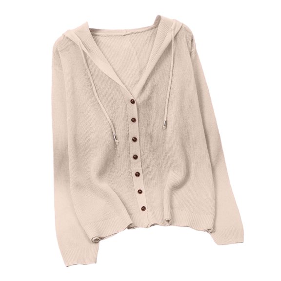 Cekizud Hooded Knit Cardigan for Women Long Sleeve Button Front Drawstring Hood Casual Cardigan Sweater, Free Size