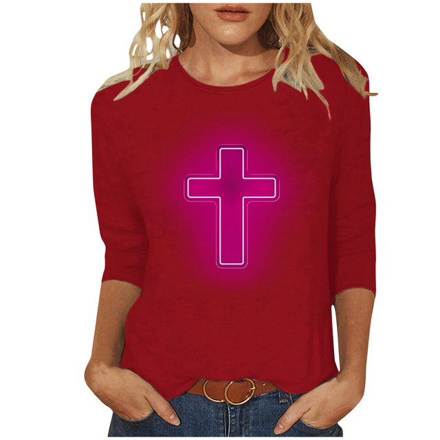 RKSTN Hauts pour Femmes Tendance Mode Décontractée Crucifix Imprimé Col Rond T-Shirt Manches 3/4 Couleur Unie Coupe Ajustée Blouse de Printemps Été Hauts