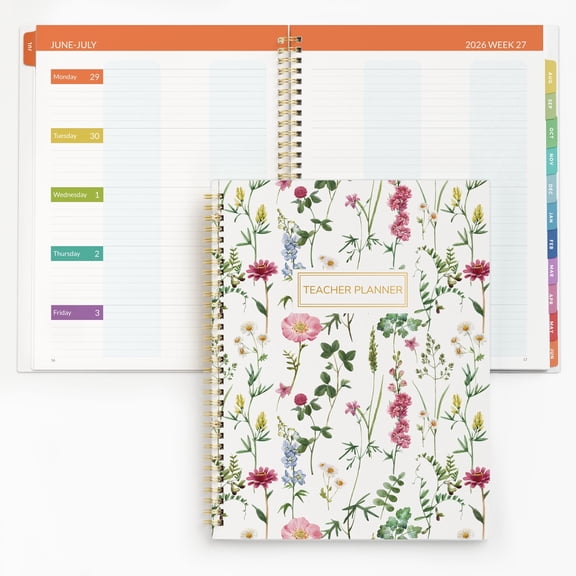 SUNEE Teacher Planner 2026-2027 Academic Year, 7 Periods Lesson Plan Book Jul 2026 - Jun 2027, 8.5"x11"Daily Weekly Monthly Organizers Horizontal Layout with Calendars, Bookmark, Tabs, Wildflowers
