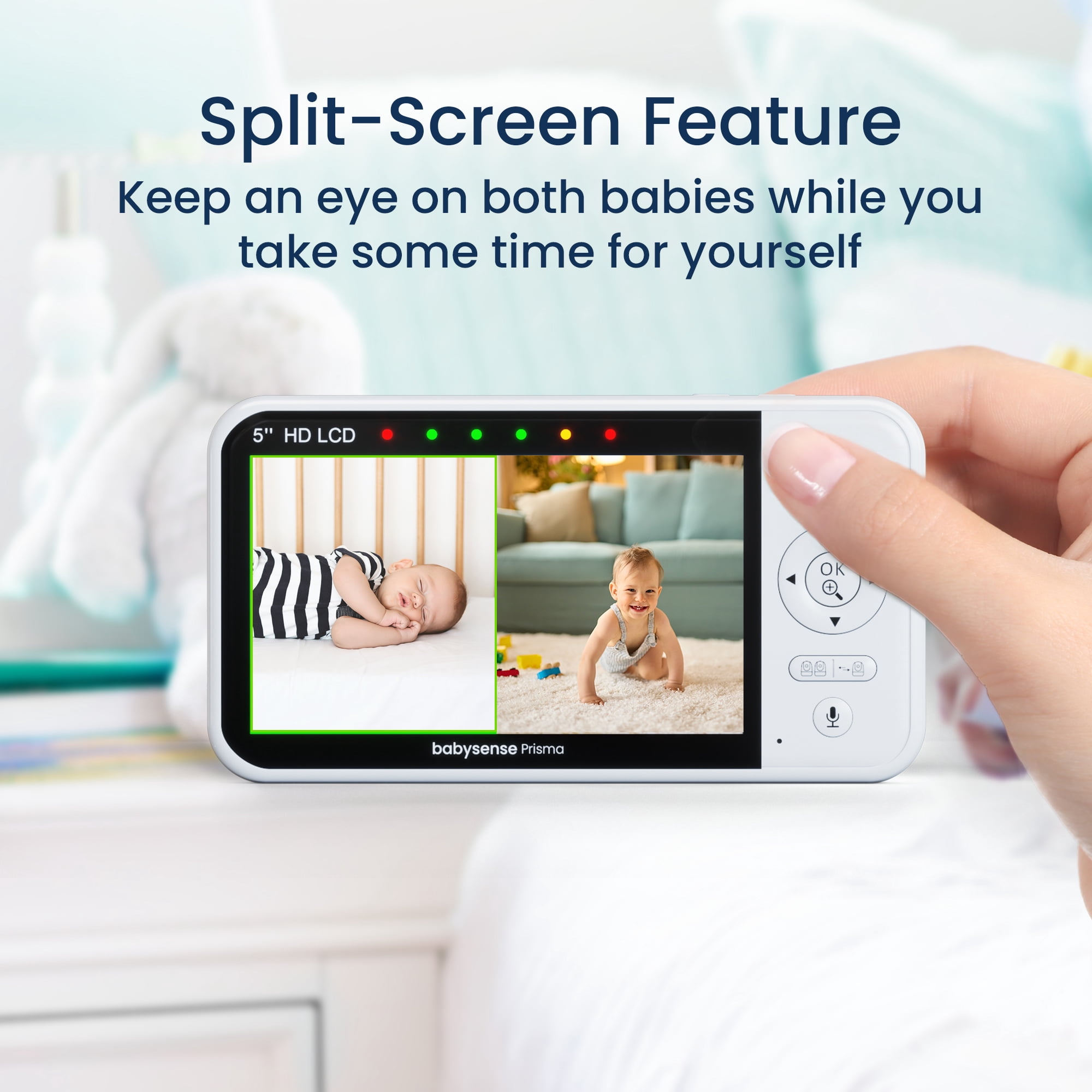 Babysense Prisma Baby Monitor with Camera and Audio, 5” HD Video Baby Monitor with 2 Cameras, 6-Color Night Light, Split Screen, Sound Machine with White Noise & Lullabies, Secure No WiFi