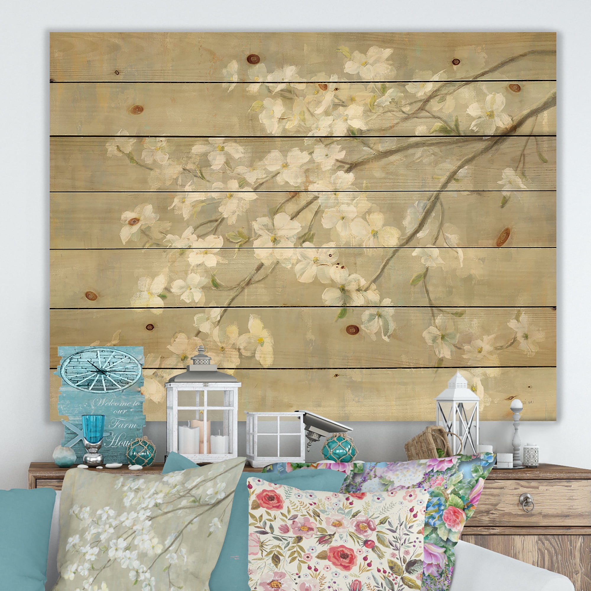 Designart 'Dogwood in Spring Neutral' Farmhouse Print on Natural Pine Wood