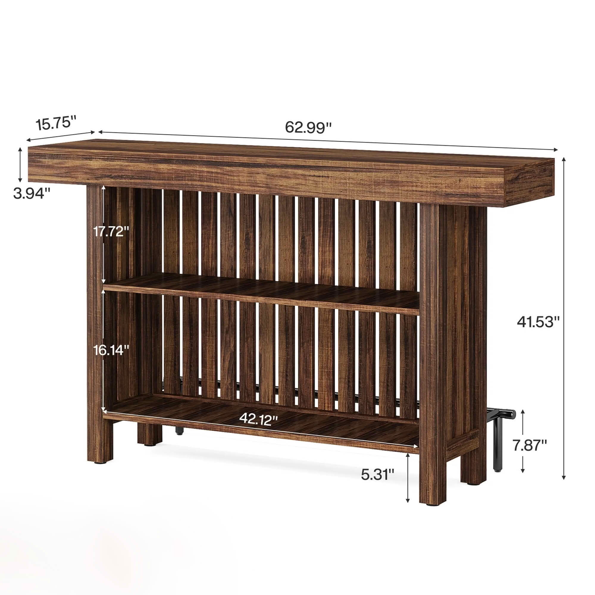 MAYEERTY 2-Tier Modern Home Bar Table, Brown & Matte Gray Cement Texture Storage Bar Unit with Guardrails & Adjustable Foot Pads