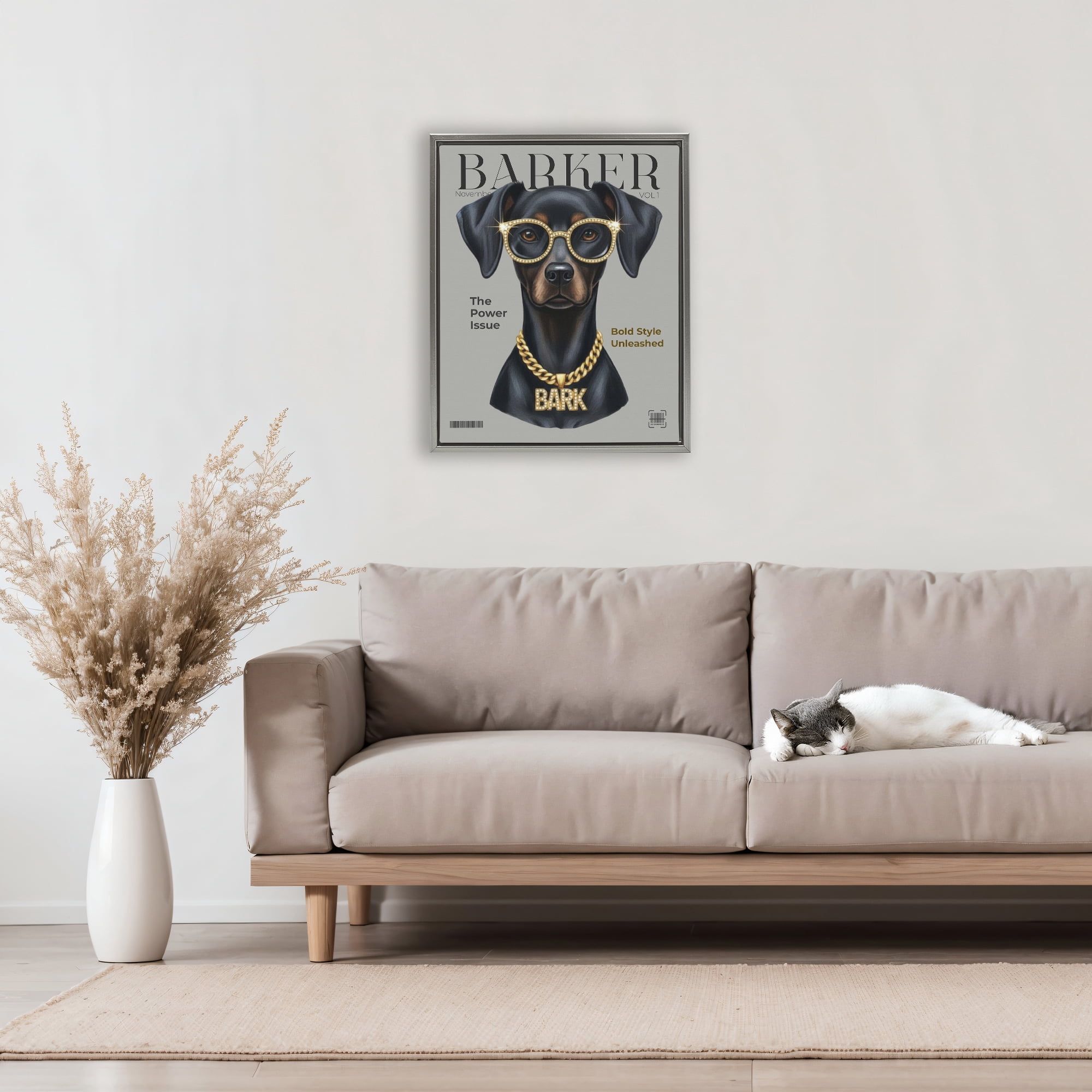 Stupell Industries Barker Dog Fashion Magazine Gray Framed Floater Canvas Wall Art, design by A Barefoot Stylist