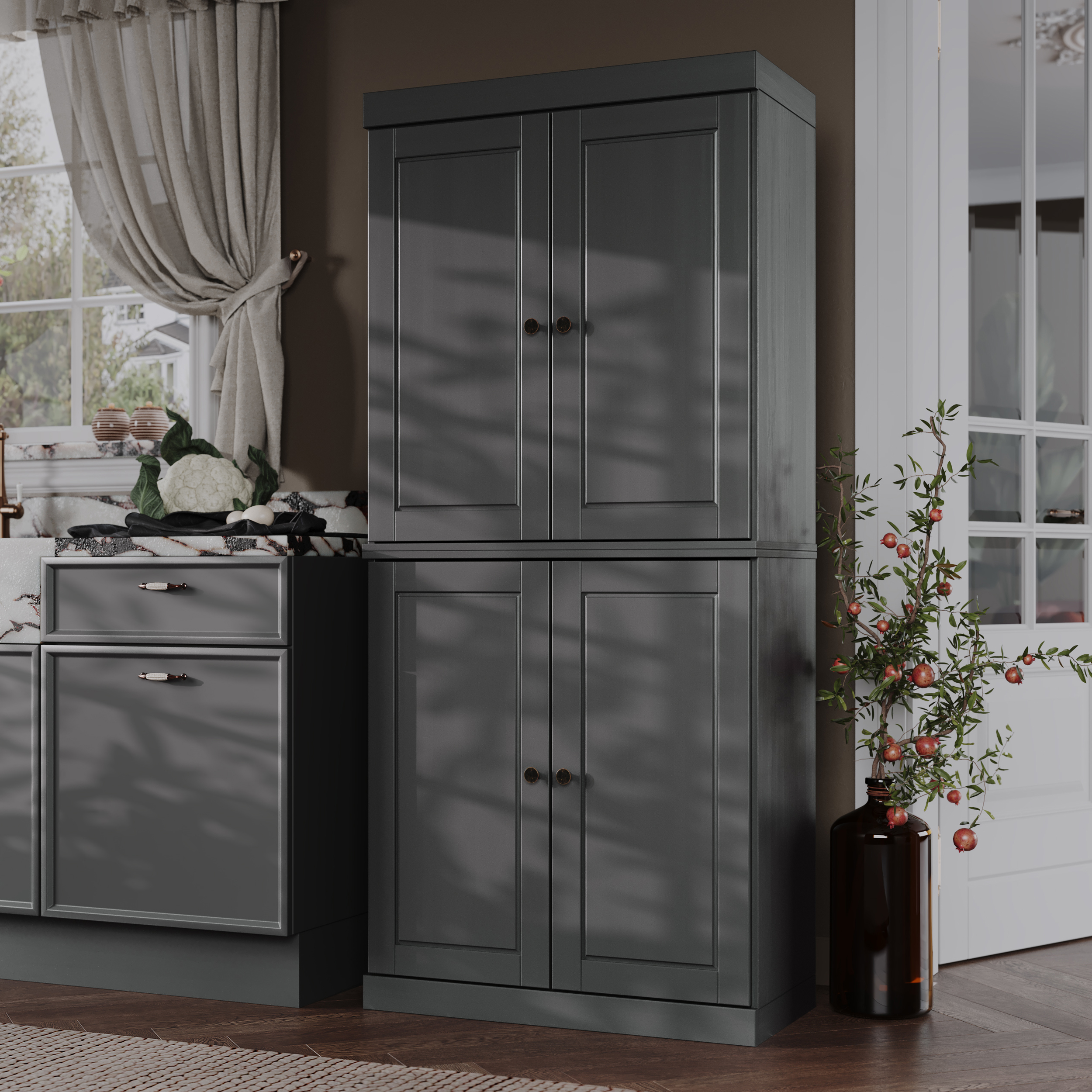 Palace Imports 100% Solid Wood Kitchen Pantry Storage Cabinet with Doors, Adjustable Shelves and 2-Drawers, Gray