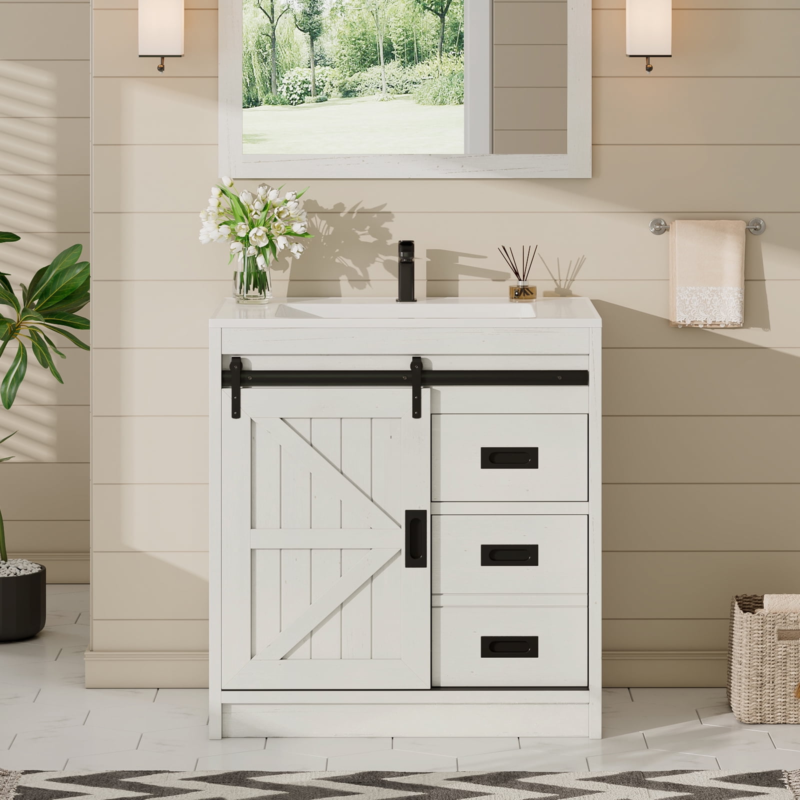 Merluxy 31" Sliding Barn Door Bathroom Vanity with Sink, Farmhouse Small Single Bath Vanity, White