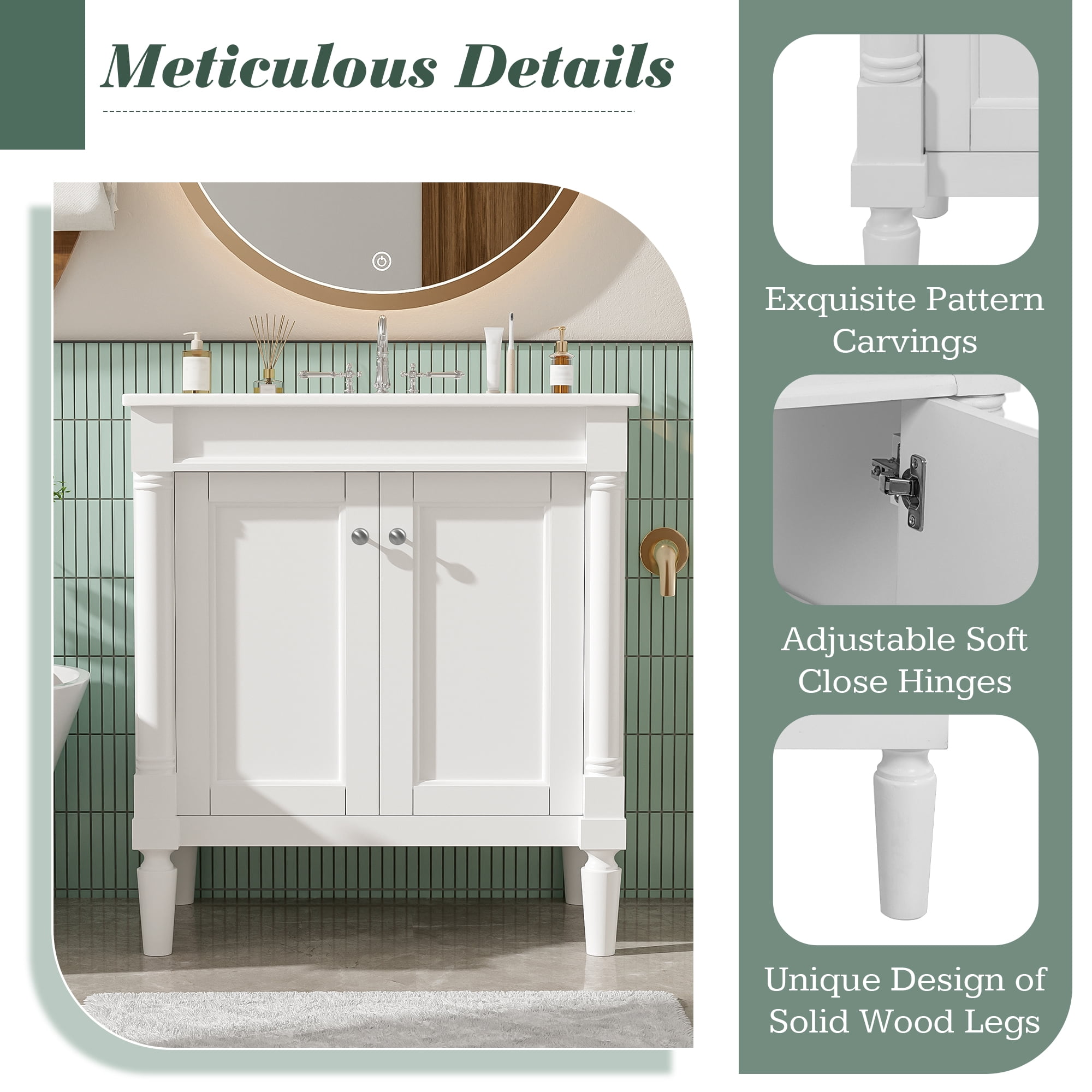 Euroco 30" Luxurious Bathroom Vanity Cabinet with Ceramic Sink Basin, 30-Inch, Storage Cabinet with Soft Close Doors and Solid Wood Legs