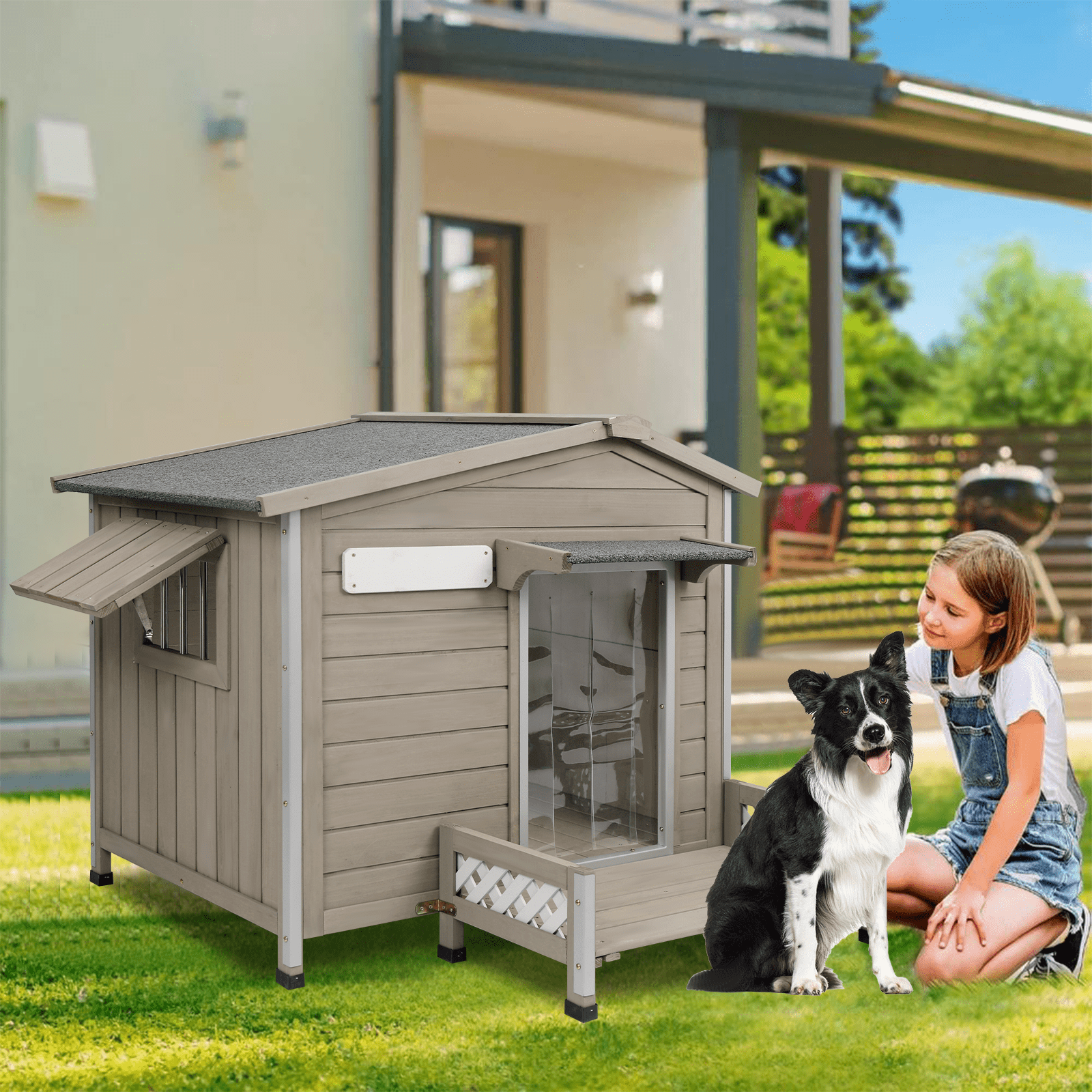 Gowoodhut 41" L Outdoor Dog House with Porch, Wooden Dog Kennel with Asphalt Roof